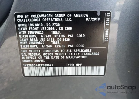 2019 Volkswagen Atlas 3.6L V6 Se W/Technology R-Line из США, поврежденный, VIN 1V2XR2CA4KC588571